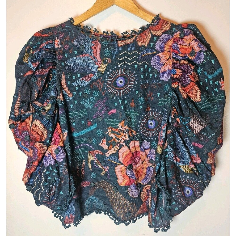Farm Rio Sz LARGE River Creatures Puff Sleeve Blouse Teal Floral Embroidered Top
